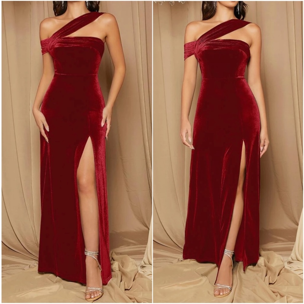 Luxe Teal Blue One Shoulder Velvet Evening Wedding Formal Maxi Dress - Picture 5 of 11